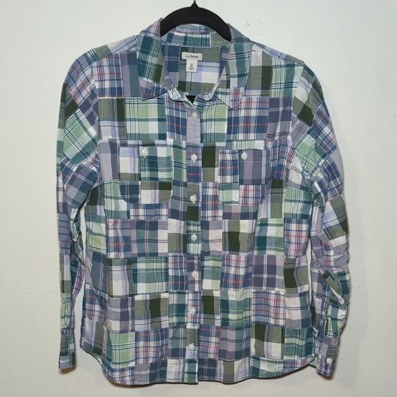 LL Bean Blue + Green Plaid Madras Patchwork Button Down Shirt Women's Size M - Picture 1 of 6
